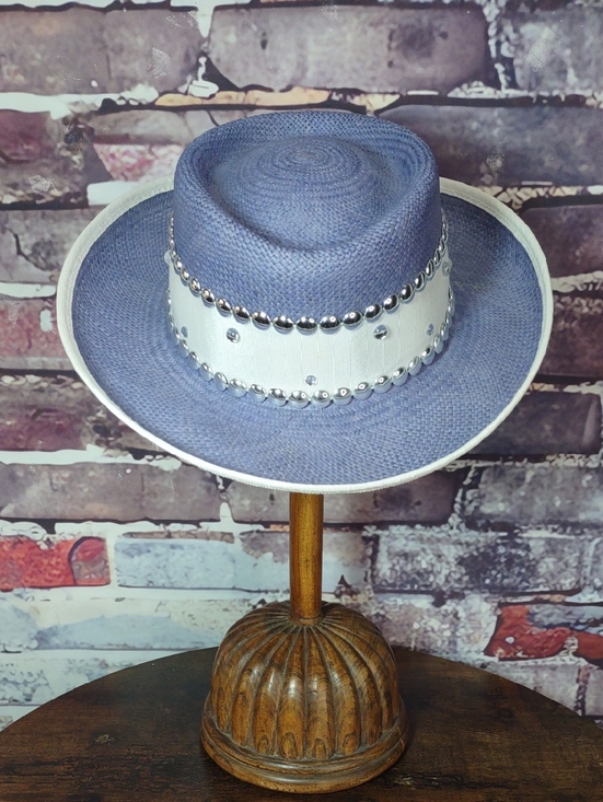Accessories - Blue Straw Boater Hat with White Studded Band